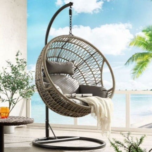 ACME Vinnie Patio Swing Chair with Stand and Cushion, Fabric & Wicker Outdoor Balcony Seat