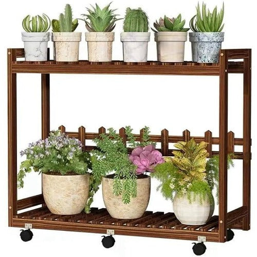 Gray 2 Tier Pine Wood Plant Stand Cart with Caster Multiple Tall Planters Flower Pot Shelf Display Rack 2 Tier Pinewood Plant Stand Casters Flower Pot Display Racks Indoor Outdoor