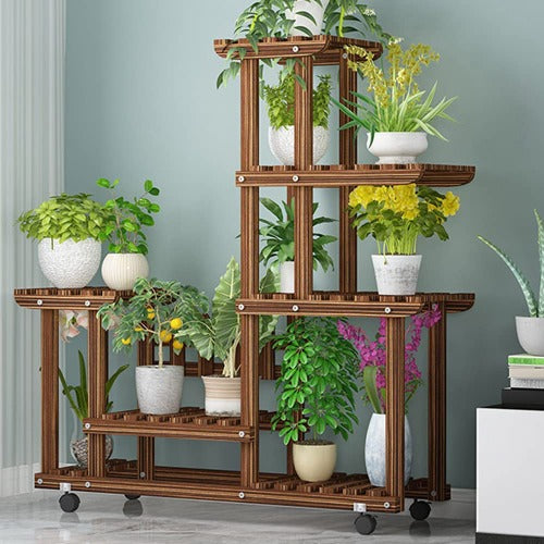 Light Slate Gray Pine Wood Rolling Plant Stand Indoor Outdoor Multiple Flower Pot Holder Shelf Rack Higher Lower Planter Display Shelving Unit with Casters