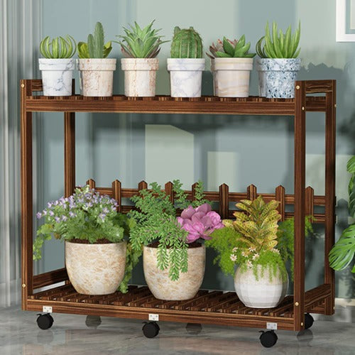 Dim Gray 2 Tier Pine Wood Plant Stand Cart with Caster Multiple Tall Planters Flower Pot Shelf Display Rack 2 Tier Pinewood Plant Stand Casters Flower Pot Display Racks Indoor Outdoor