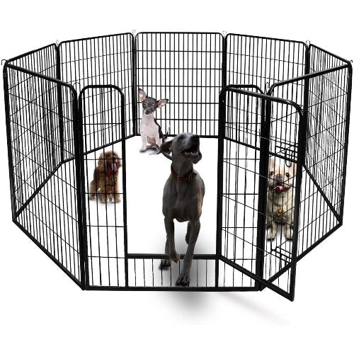 Black Folding Metal Dog  Fence Gate-8 Panels-39"-Black Metal Dog Fence - 8 Panels 39"H Heavy Duty Foldable Collapsible Portable Exercise Pens Kennel Gate Crate Cage Playpen