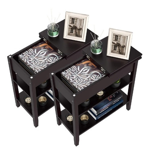 Rectangular Nightstand Side Table /w Flip Top 2-Tier Shelves Storage Drawers, Set of 2
