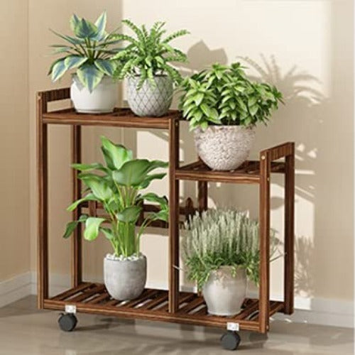 Rosy Brown 2 Tier Pine Wood Plant Stand Garden Cart with Caster Tall Planters Flower Pot Shelf Display Rack 2 Tier Pine Wood Plant Stand Flower Pot Tall Display Racks Shelf Heavy Duty Indoor Outdoor