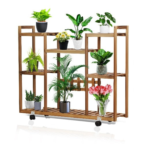 Sienna 5-Tier Pine Wood Plant Stand Multiple Flower Pot Holder Shelf Rack 4-Tier Pine Wood Plant Stand Casters Flower Pot Display Racks Shelf Heavy Duty Indoor Outdoor