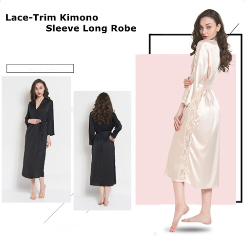 Misty Rose Women Lace Trim Kimono Pajamas Satin Sleeve Long Wrap Robe Cover Sleep Wear Dress