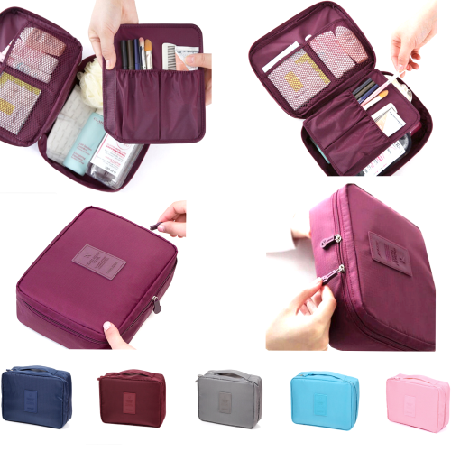 Maroon Travel Cosmetic Makeup Toiletry Wash Organizer Storage Pouch Zip Bag Travel Cosmetic Organizer Zip Bag Carriable Handbag Pouch Spacesaving Storage Portable