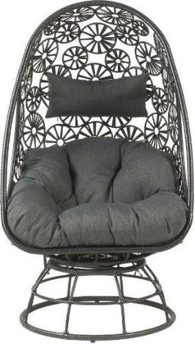 ACME Hikre Patio Lounge Chair with Side Table & Cushion Clear Glass Charcaol Fabric & Black Wicker Balcony Seat