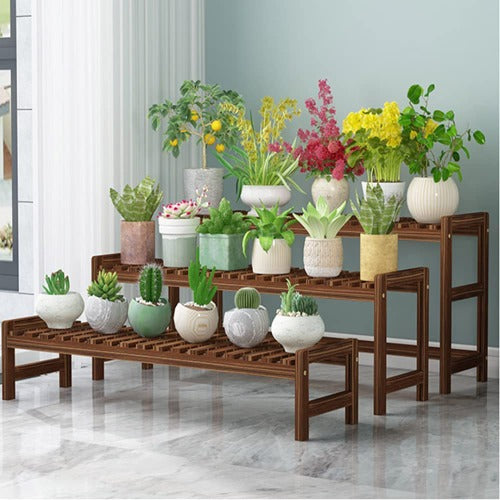 Gray Set of 3 Pine Wood Plant Stand Cart Tier Step Tall Planters Flower Pot Shelf Display Rack Patio Balcony 3 Ladder Pine Wood Plant Stand Flower Pot Tall Display Racks Heavy Duty Shelf Indoor Outdoor