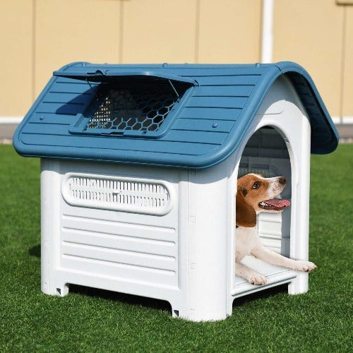 Steel Blue Waterproof Plastic Dog Cat Kennel Puppy House Outdoor Pet Shelter Up to 30LB Plastic Weatherproof Pet House - Medium Dog Cat Kennel Puppy Indoor Outdoor Crate Cage