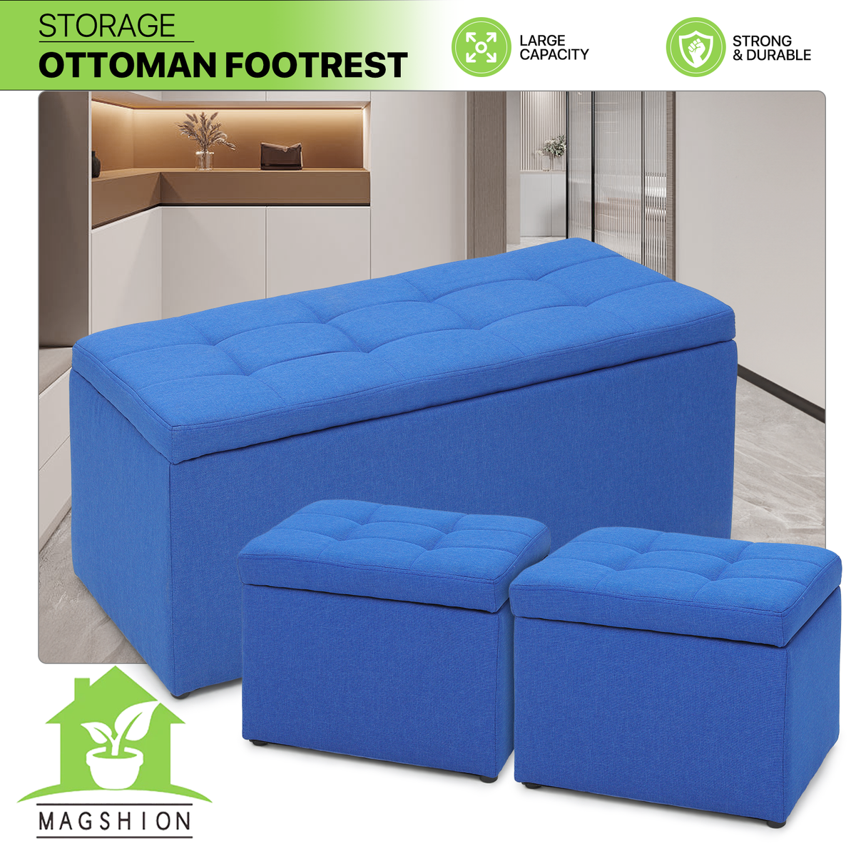 Rectangular Ottoman Storage with 2 Cube Ottomans Linen Leather Tufted ...