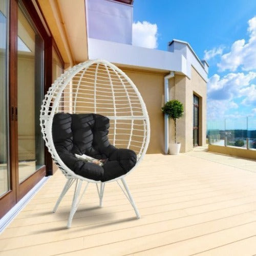 ACME Galzed Patio Lounge Chair Black Fabric White Wicker With Cushion Balcony Seat