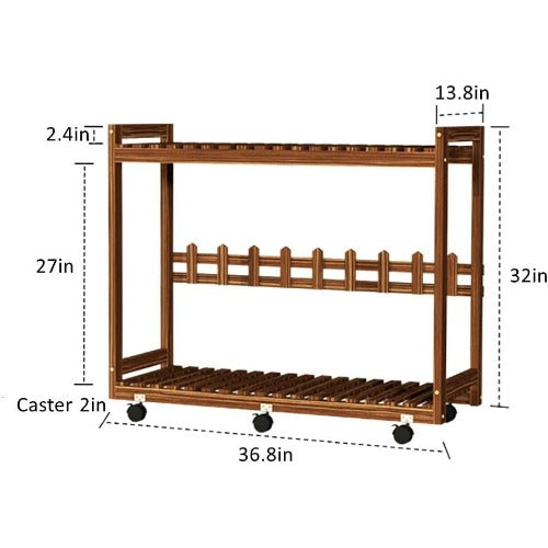 Saddle Brown 2 Tier Pine Wood Plant Stand Cart with Caster Multiple Tall Planters Flower Pot Shelf Display Rack 2 Tier Pinewood Plant Stand Casters Flower Pot Display Racks Indoor Outdoor