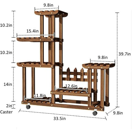 Sienna Pine Wood Rolling Plant Stand Indoor Outdoor Multiple Flower Pot Holder Shelf Rack Higher Lower Planter Display Shelving Unit with Casters