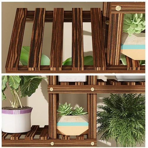 Dark Olive Green Pine Wood Rolling Plant Stand Indoor Outdoor Multiple Flower Pot Holder Shelf Rack Higher Lower Planter Display Shelving Unit with Casters