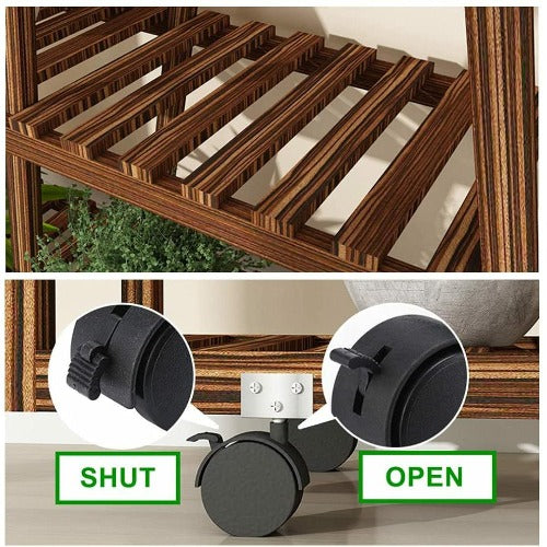 Dark Slate Gray Pine Wood Rolling Plant Stand Indoor Outdoor Multiple Flower Pot Holder Shelf Rack Higher Lower Planter Display Shelving Unit with Casters