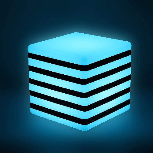 Light Sky Blue 16 Color Changing LED Light Up Furniture Chair Cube Ball Night Light Bar Stool Serving Tray Bucket Pot (16-inch Cube with Striped)