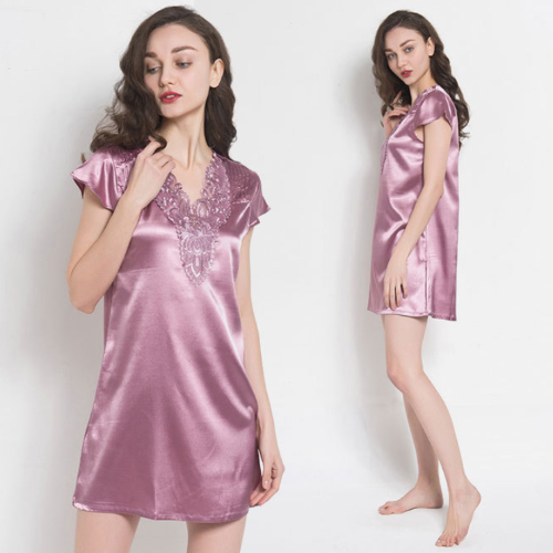 White Smoke Women Satin Sleepwear Dress V-Neck Short Sleeve Nightgown Lace Sleep Lingerie