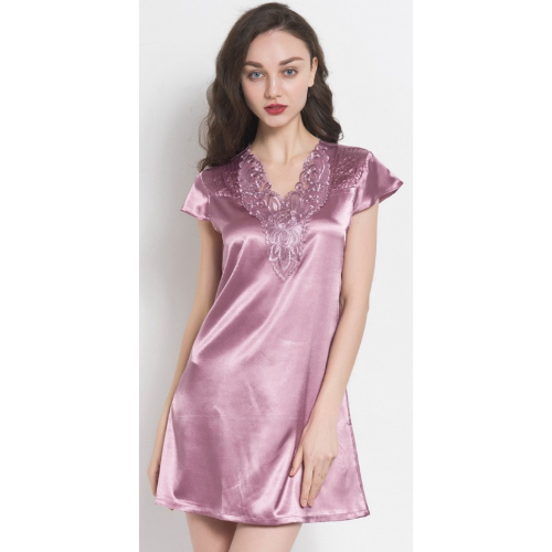 Thistle Women Satin Sleepwear Dress V-Neck Short Sleeve Nightgown Lace Sleep Lingerie