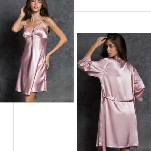 Snow Women Satin Short Wrap Robe Dress Chemise 2 PC Set Sleepwear Nightdress Lingerie