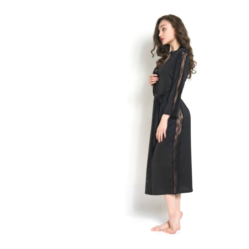 Dark Slate Gray Women Lace Trim Kimono Pajamas Satin Sleeve Long Wrap Robe Cover Sleep Wear Dress