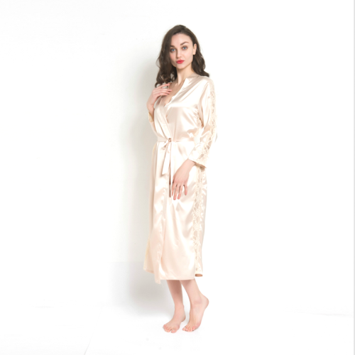 Antique White Women Lace Trim Kimono Pajamas Satin Sleeve Long Wrap Robe Cover Sleep Wear Dress