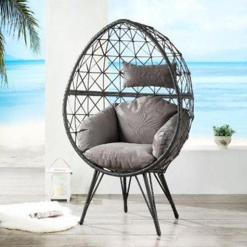 ACME Aeven Patio Lounge Chair with Cushion Light Gray Fabric & Black Wicker Balcony Seat