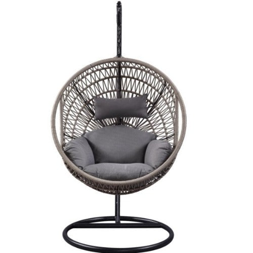 ACME Vinnie Patio Swing Chair with Stand and Cushion, Fabric & Wicker Outdoor Balcony Seat