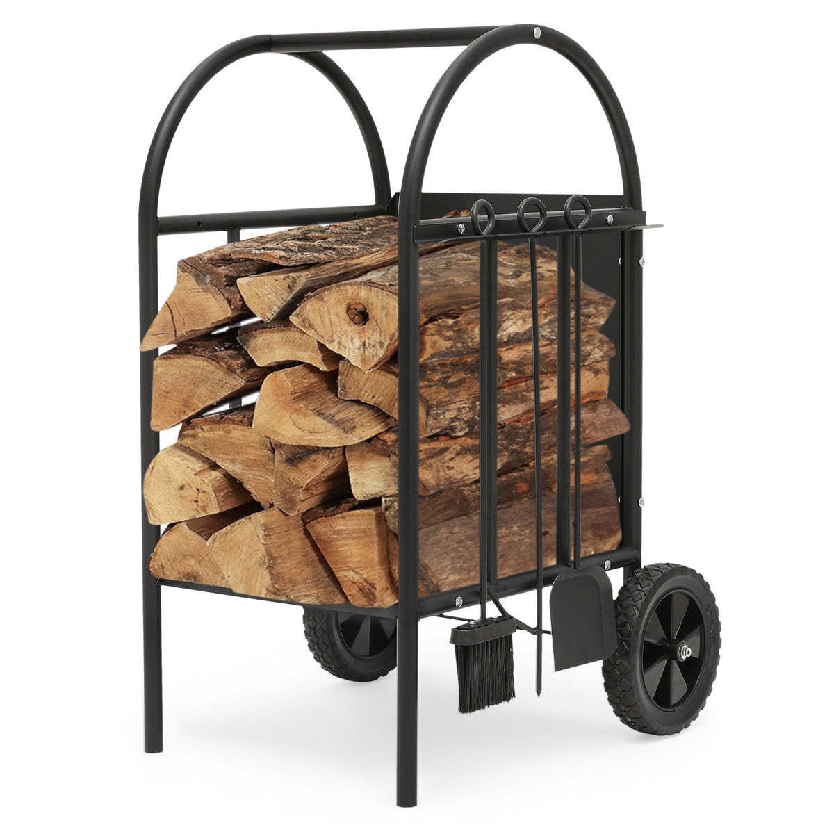 Rolling Log Rack Rolling Firewood Rack - Log Storage Cart - with Poker, Shovel, Broom ...