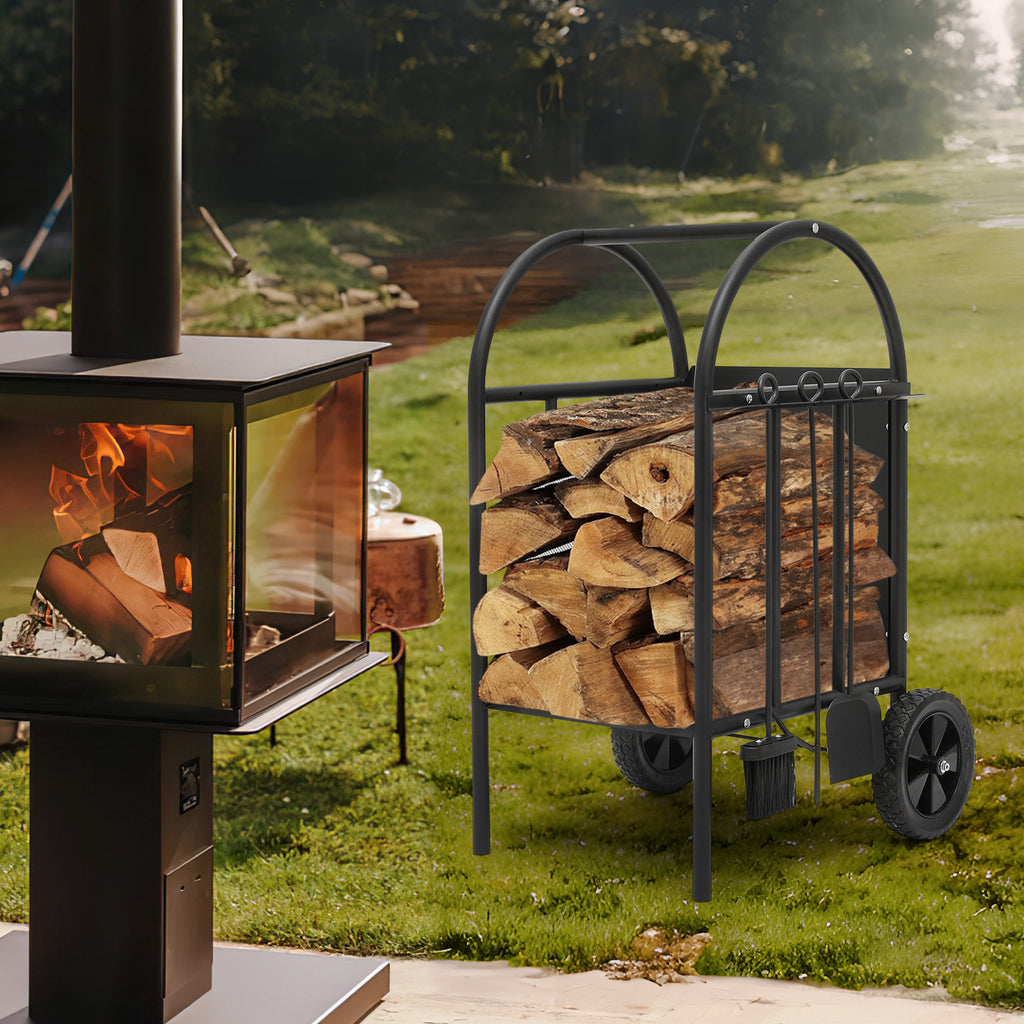 Rolling Log Rack Rolling Firewood Rack - Log Storage Cart - with Poker, Shovel, Broom ...