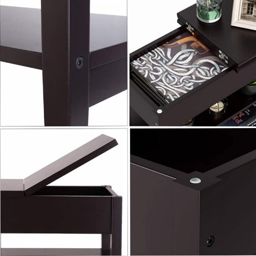 Rectangular Nightstand Side Table /w Flip Top 2-Tier Shelves Storage Drawers